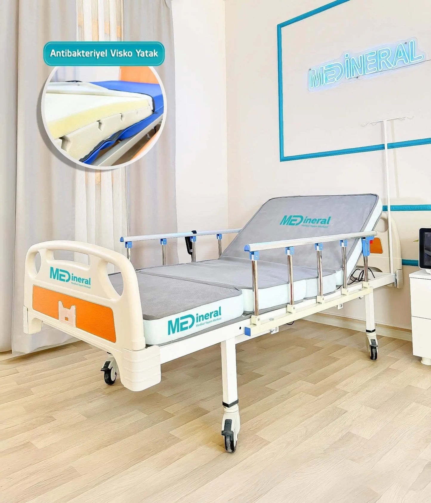 2 Motor Tabanca Korkuluklu Hasta Karyolası | 15 Cm Antibakteriyel Visko Yatak + Alez