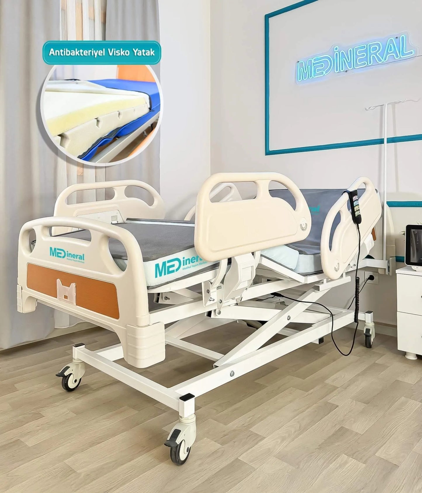 3 Motor Hasta Karyolası | Full ABS Asansörlü + 15 CM Antibakteriyel Visko Yatak + Alez