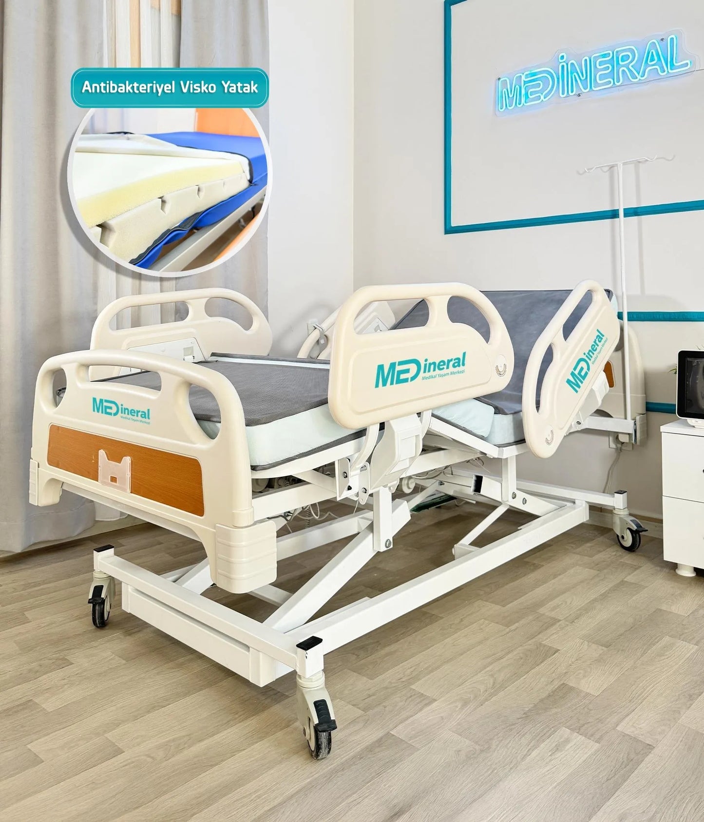 4 Motorlu Hasta Karyolası | Full ABS Asansörlü Elektrikli + 15 cm Antibakteriyel Visco Yatak & Alez